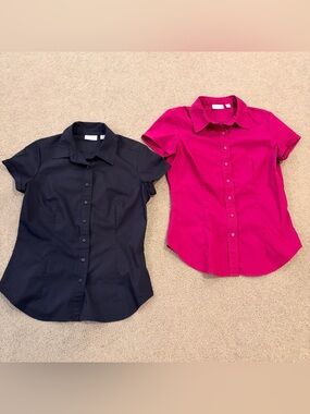 New York & Company Short Sleeve Button Up Shirts (2) Medium Black and Magenta